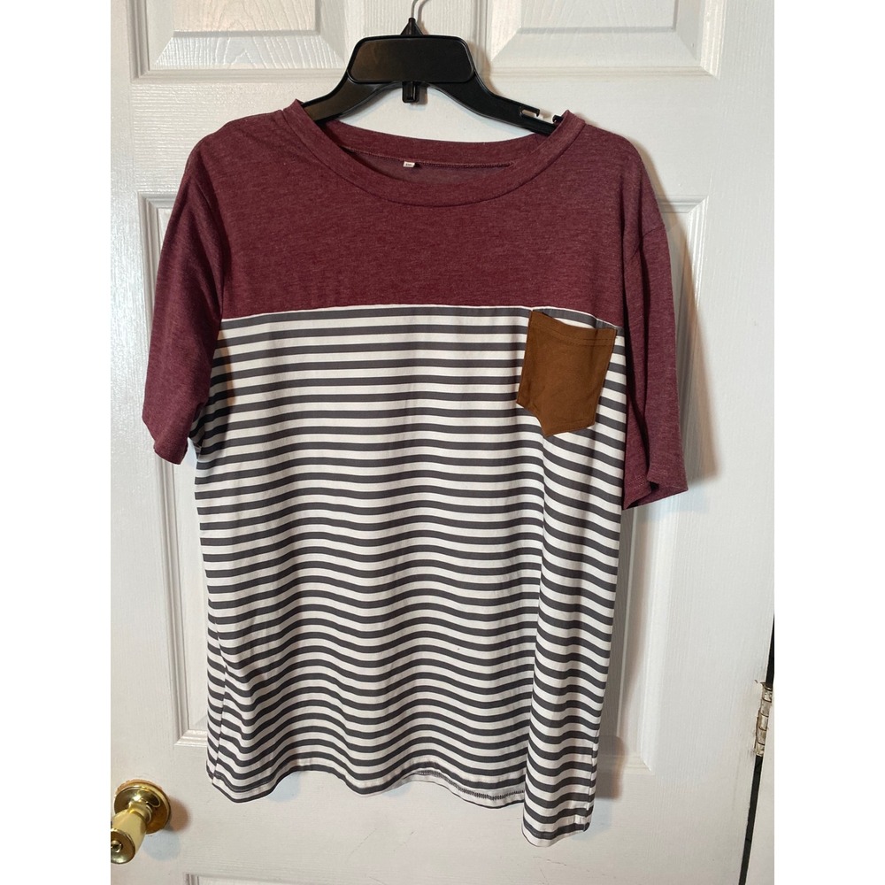 Mens XXL Colorblock Striped Pocket T-Shirt Burgundy Gray White Short Sleeve Tee